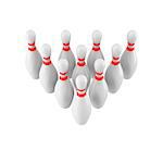 Group of Bowling Pins Isolated on White Background without shadow. 3D rendering. 3d render. For logo, advertising, wallpaper, print etc. Perspective view