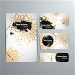 Set of vector design templates. Business card with floral circle ornament. Mandala style. Luxury gold. Ink