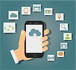 Concept of cloud services on mobile phone such as storage, computing, search, photo album, data exchange. With colorful icons or web buttons around mobile device. Rasterized bitmap version.