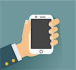 Hand holing white smartphone, touching blank screen. Using mobile smart phone similar to iphon, flat design concept. Eps 10 vector illustration