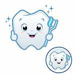Vector illustration of cute cartoon baby tooth holding toothbrush wih emblem version included