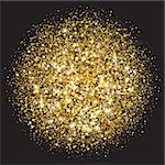 Golden glittering circle made of dots. Luxury golden round dots on black backdrop. Amber particles gold confetti.