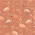 Seamless  pattern of  hand drawn pink flamingo birds on dark rose background. Tropical vector print doodle style.