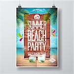 Vector Summer Beach Party Flyer Design with typographic elements on wood texture background. Summer nature floral elements and sunglasses. Eps10 illustration.