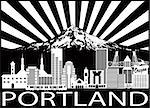 Portland Oregon Outline Silhouette with City Skyline with Mount Hood Sun Rays Black Isolated on White Background Illustration
