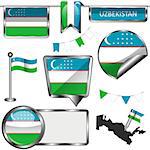Vector glossy icons of flag of Uzbekistan on white