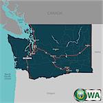 Vector set of Washington state with roads map, cities and neighboring states