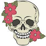 Vector of human skull with red flowers in retro style