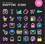 Modern flat shopping line thin colored icons in bright colored retro 80s, 90s style