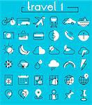 Vector set of trendy inline bold icons of travel and tourism metaphors, white on blue, set 1