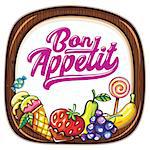 Vector food frame. Kitchen wooden chopping board. Bon appetit lettering. Juicy fresh fruits and berries, ice cream cone. Cook template: for cafe banners, food markets, courts, specials signs or cards