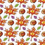 Autumn seamless pattern with leaves and hazelnut, fall leaf background. Abstract floral texture. Colorful cartoon backdrop. Cute template for fashion prints, seasonal sale. Vector design elements