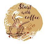 Cup of coffee and coffee beans. Hand drawn vector background in vintage style. Lettering "Start with coffee"