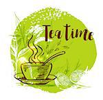 Cup of tea and bamboo branch on a green background in vintage style. Lettering "Tea time"