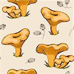 Vintage hand drawn vector seamless pattern with forest mushrooms
