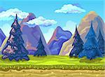 Landscape with a green meadow, fir-trees and mountains. Vector illustration