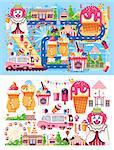 Stock set vector illustration business selling different kinds ice cream sale food with machine, meal on wheels clown amusement park sweets vanilla chocolate fruit filling cafe near road in flat style