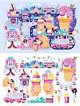 Stock set vector illustration business selling different kinds ice cream sale food with machine, meal on wheels clown amusement park sweets vanilla chocolate fruit filling cafe near road in flat style