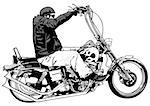 Rider On Chopper - Black and White Hand Drawn Illustration, Vector