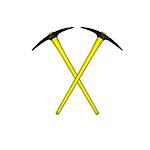 Two crossed mattocks in black design with yellow handle on white background