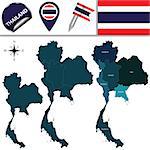 Vector map of Thailand with named regions and travel icons