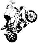 Motorbike Girl On The Rear Wheel - Black and White Illustration, Vector