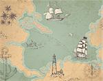 Vintage vector marine map with sailing vessels. Ancient map with ships and compass.