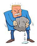 Cartoon Humorous Concept Illustration of Squeezing Water from Stone Saying or Proverb