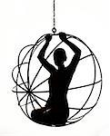 Silhouette of a sexy woman on a metal swing, black and white.