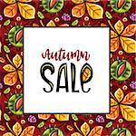 Vector seamless pattern with leaves and hazelnut, white board with autumn sale lettering and copy space, fall leaf background. Colorful floral texture. Template for fashion prints, seasonal sale.