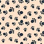 Dog paw print vector seamless pattern. Blue footprints on light pink background.