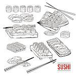 Doodle sushi and rolls on wood. Japanese traditional cuisine dishes set. Vector illustration for asian restaurant menu.