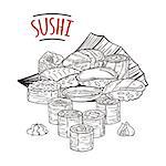 Doodle sushi and rolls on wood. Japanese traditional cuisine dishes illustration. Vector image for asian restaurant menu.