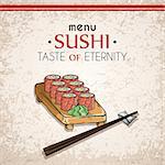Doodle sushi and rolls on wood. Japanese traditional cuisine dishes illustration. Vector card for asian restaurant menu.