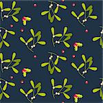 Mistletoe leaves seamless vector pattern. Christmas decor green plant on blue background.