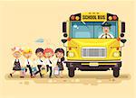 Stock vector illustration back to school cartoon characters schoolboy schoolgirls pupils apprentices cute cheerful children at bus stop go board school bus with driver on yellow background flat style.