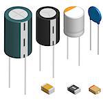 Set of capacitors of different shapes isolated on white background. Elements design of electronic components. 3D isometric style, vector illustration.