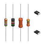 Set of resistors of different shapes isolated on white background. Elements design of electronic components. 3D isometric style, vector illustration.