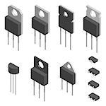 Set of transistors of different shapes isolated on white background. Elements design of electronic components. 3D isometric style, vector illustration.