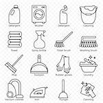 Cleaning, wash line icons. Washing machine, sponge, mop, iron, vacuum cleaner, shovel and other clining elements. Order in the house thin linear signs for cleaning service.