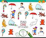 Cartoon Illustration of Find One of a Kind Educational Activity Game for Children with Funny Pictures