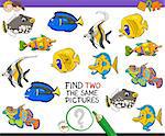 Cartoon Illustration of Finding Two Identical Pictures Educational Activity Game for Children with Fish