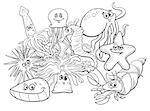 Black and White Cartoon Illustrations of Sea Life Animal Characters Group Coloring Book