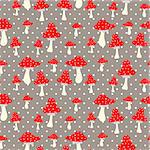 Amanita seamless vector pattern. Poison cartoon red mushroom pattern. Fly-agaric on dotted taupe background.