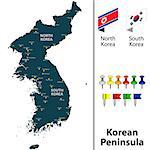 Vector map of Korean Peninsula with countries, big cities and icons