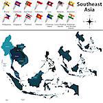 Vector of political map of Southeast Asia set with flags on white background