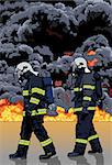 Firefighters and a Big Fire in the Background - Detailed Illustration, Vector