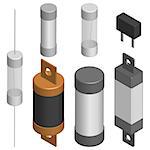 Set of fuses of different shapes isolated on white background. Elements design of electronic components. 3D isometric style, vector illustration.