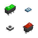 Set of different electric buttons and switches isolated on white background. 3D isometric style, vector illustration.