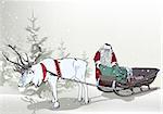 Winter Background with Santa Claus and Sledge with Reindeer - Christmas Illustration, Vector